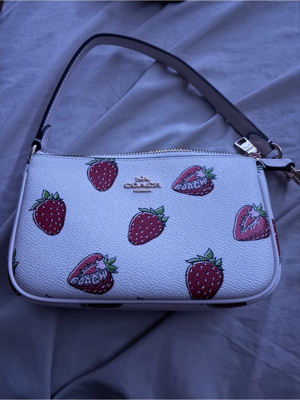 Coach White Pebble Leather Shoulder Bag with Red Strawberry Print